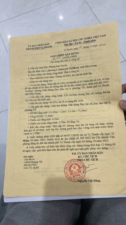 Cần Tiền Bán Gấp Đất SHR Tại Đường Trần Hưng Đạo, Khu Vực 4,P 5,Vị Thanh,Hậu Giang Giá:5 Tỷ 250