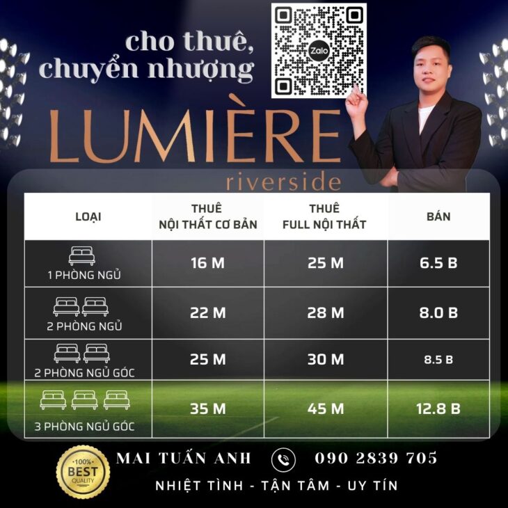Cho thuê căn hộ Lumiere Riverside 3PN 93m², Full Nội thất, Tầng cao View đẹp, giá 40 tr/th