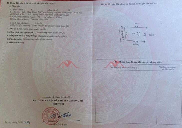 SIÊU PHẨM GIÁ 3,750 TỶ ĐẤT TẠI THỤY HƯƠNG-CHƯƠNG MYX D/T:91M