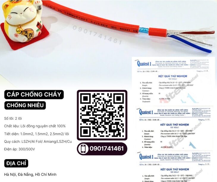 Cáp chống cháy chống nhiễu 2×1.0 tiêu chuẩn IEC 60331, BS 6387﻿