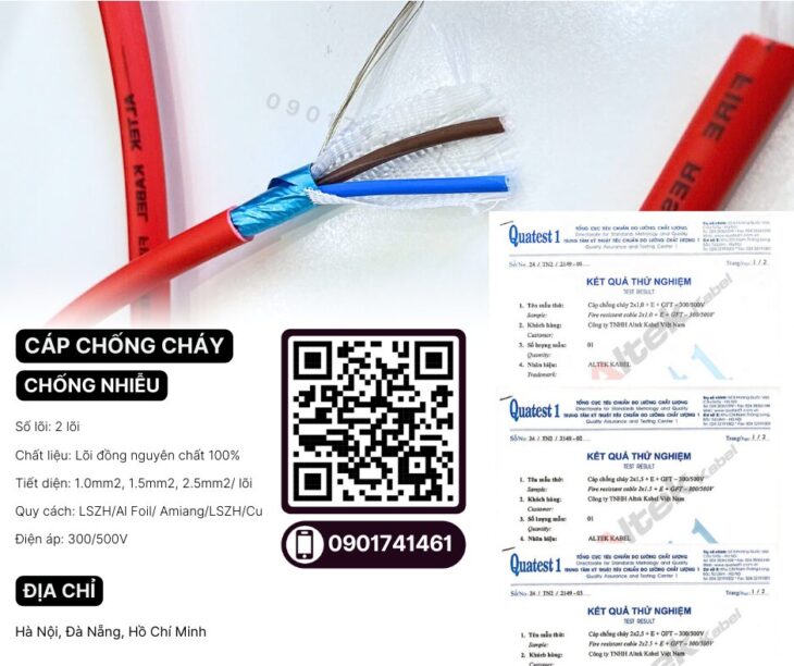 Cáp chống cháy chống nhiễu 2×1.0 tiêu chuẩn IEC 60331, BS 6387﻿