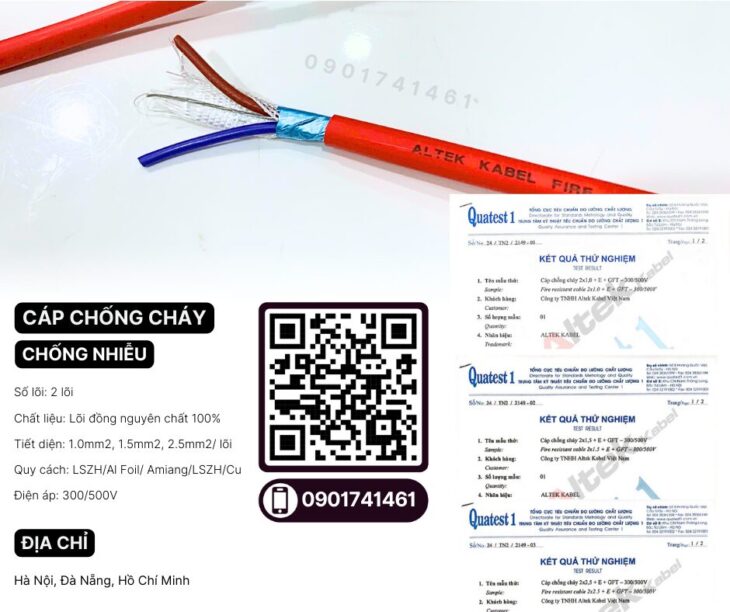 Cáp chống cháy chống nhiễu 2×1.0 tiêu chuẩn IEC 60331, BS 6387﻿