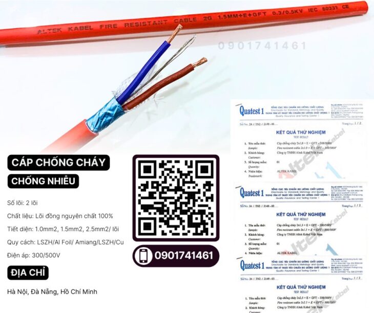 Cáp chống cháy chống nhiễu 2×1.0 tiêu chuẩn IEC 60331, BS 6387﻿