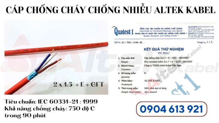 Cáp tín hiệu chống cháy chống nhiễu 2×1.5mm Altek Kabel đạt tiêu chuẩn IEC 60331-21