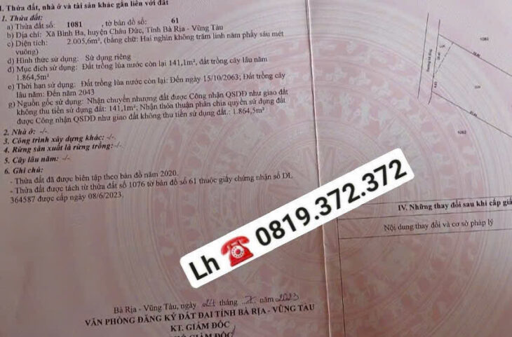 BÁN ĐẤT ĐẸP – GIÁ Tốt – Vị Trí Tại : Bình Ba – Châu Đức – Bà Rịa Vũng Tàu