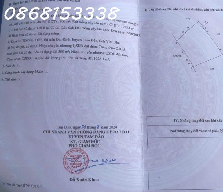 BÁN ĐẤT TẶNG BIỆT THỰ Chính Chủ – GIÁ Tốt – Vị Trí Tại : Thị Trấn Đại Đình – Tam Đảo- Vĩnh Phúc