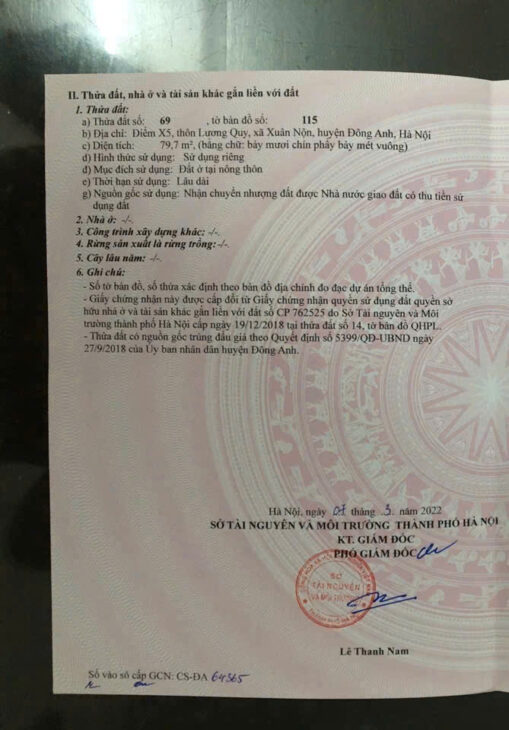 Bán đất nền dự án Lương Quy, Đông Anh, Hà Nội – 79m2 – 5.7 tỷ – Sổ Hồng