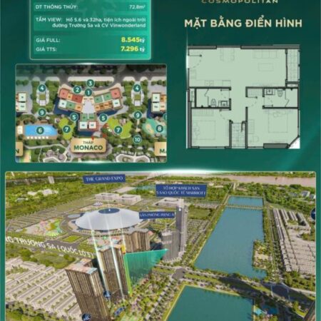 Căn hộ chung cư 2 ngủ, diện tích 72.8m2 tại chung cư The Cosmopolitan, vinhomes Cổ loa, đông anh,