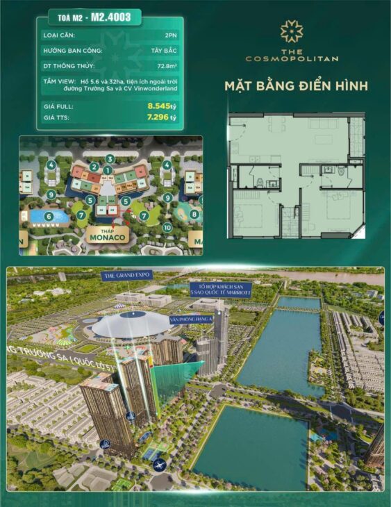 Căn hộ chung cư 2 ngủ, diện tích 72.8m2 tại chung cư The Cosmopolitan, vinhomes Cổ loa, đông anh,
