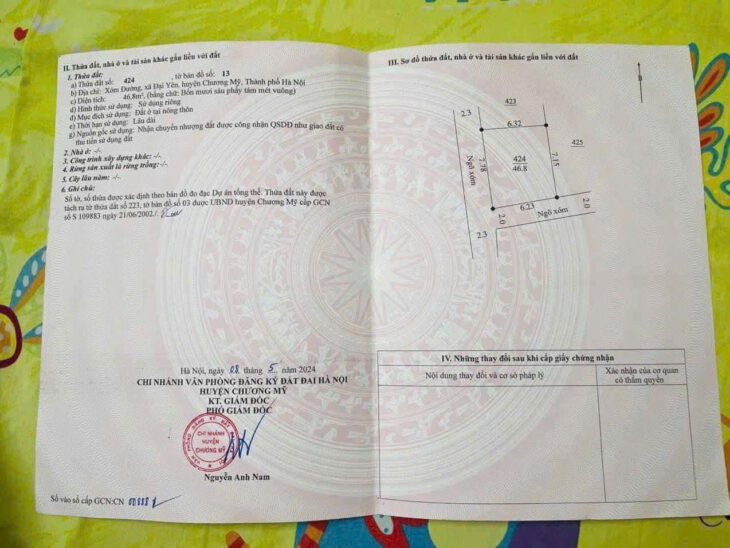 Chính chủ cần bán lô đất tại Đại Yên – Chương Mỹ -Diện tích : 46,8m2 , lô góc 2 mặt tiền