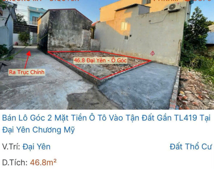 Chính chủ cần bán lô đất tại Đại Yên – Chương Mỹ -Diện tích : 46,8m2 , lô góc 2 mặt tiền