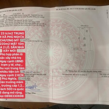 23 tr/m2 TRUNG TÂM XÃ PHÚ NGHĨA CHƯƠNG MỸ DT 220m2 MẶT 10m CHIA 2 LÔ, SẴN NHÀ XÂY MỚI