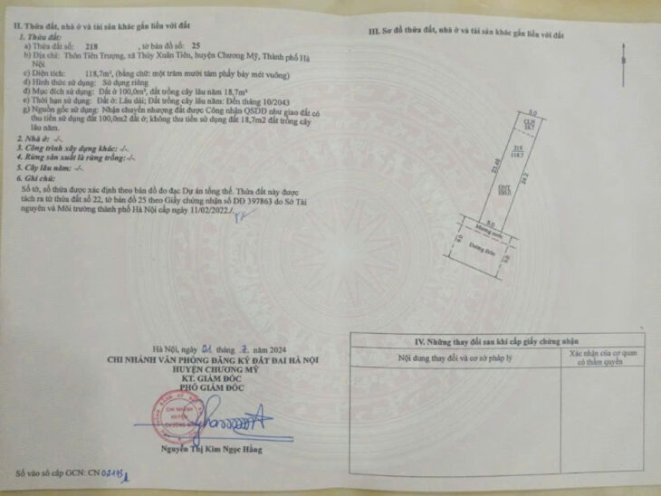 Siêu Phẩm DT 118,7m. Mặt tiền= hậu 5m – Vị trí: Tiên Trượng – Xã Thuỷ Xuân Tiên – Chương Mỹ – HN