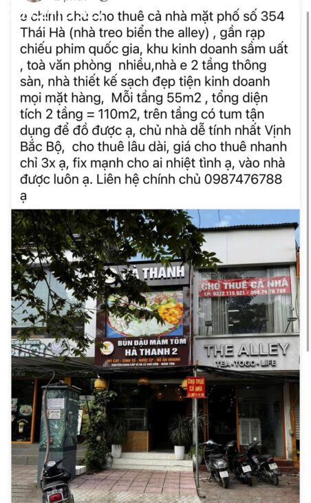 Chính chủ cho thuê cả nhà mặt phố số 354 Thái Hà ( nhà treo biển The Alley)