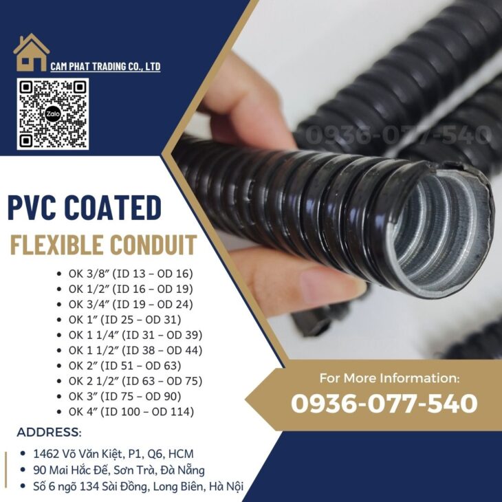Ống ruột gà lõi thép bọc nhựa phi 1/2″ (ID16 – OD19), Flexible Conduit, ống luồn dây điện