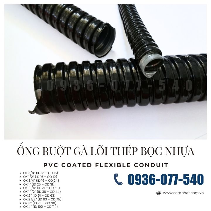 Ống ruột gà lõi thép bọc nhựa phi 1/2″ (ID16 – OD19), Flexible Conduit, ống luồn dây điện