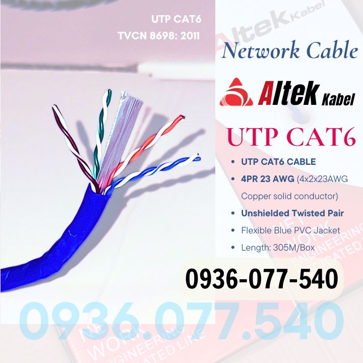Cáp mạng Lan UTP Cat6 Altek Kabel – Network cable 4x2x23AWG, 305M