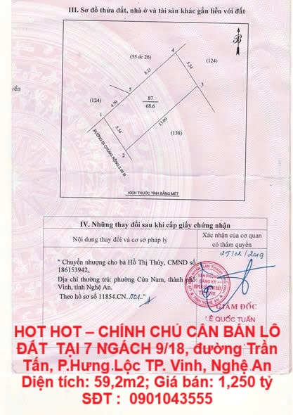HOT HOT – CHÍNH CHỦ CẦN BÁN LÔ ĐẤT TẠI 7 NGÁCH 9/18, đường Trần Tấn, P.Hưng Lộc TP. Vinh, Nghệ An