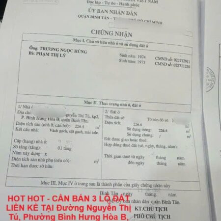 HOT HOT – CẦN BÁN 3 LÔ ĐẤT LIỀN KỀ TẠI Đường Nguyễn Thị Tú, Phường Bình Hưng Hòa B, Bình Tân, HCM