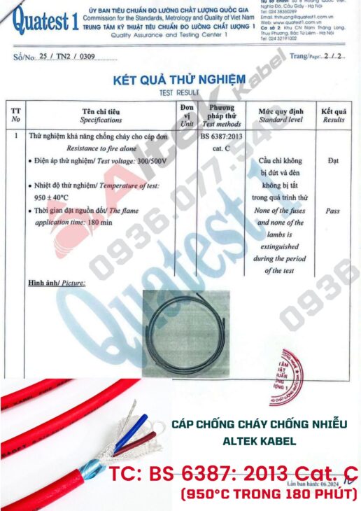 Cáp chống cháy Altek Kabel 2×1.5 mm2 – Đạt chuẩn IEC 60331, BS 6387