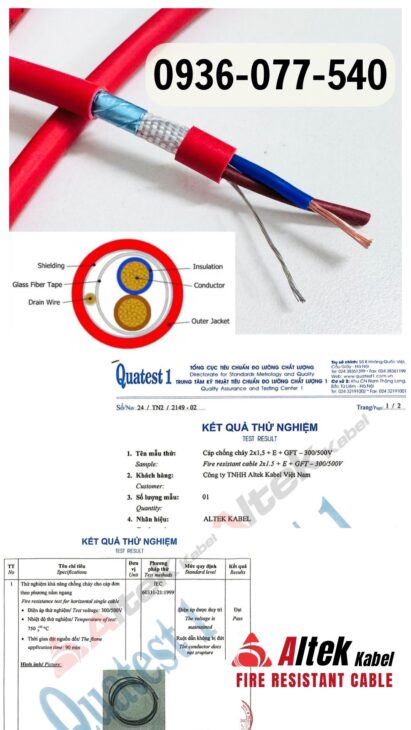 Cáp chống cháy Altek Kabel 2×1.5 mm2 – Đạt chuẩn IEC 60331, BS 6387