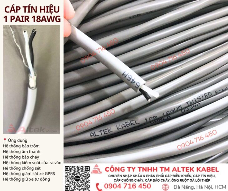 Cáp tín hiệu âm thanh, báo cháy chống nhiễu 18AWG 1 Pair Altek Kabel