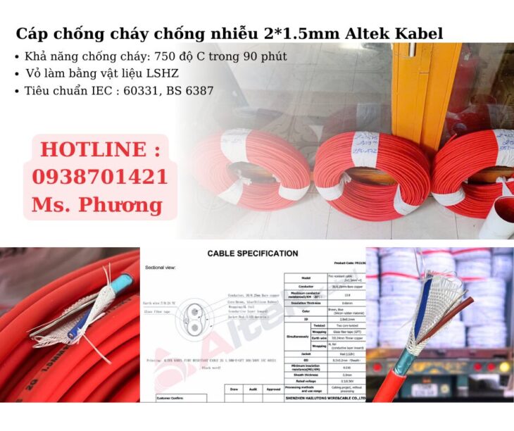 Cáp chống cháy chống nhiễu 2*1.5mm LSZH Altek Kabel