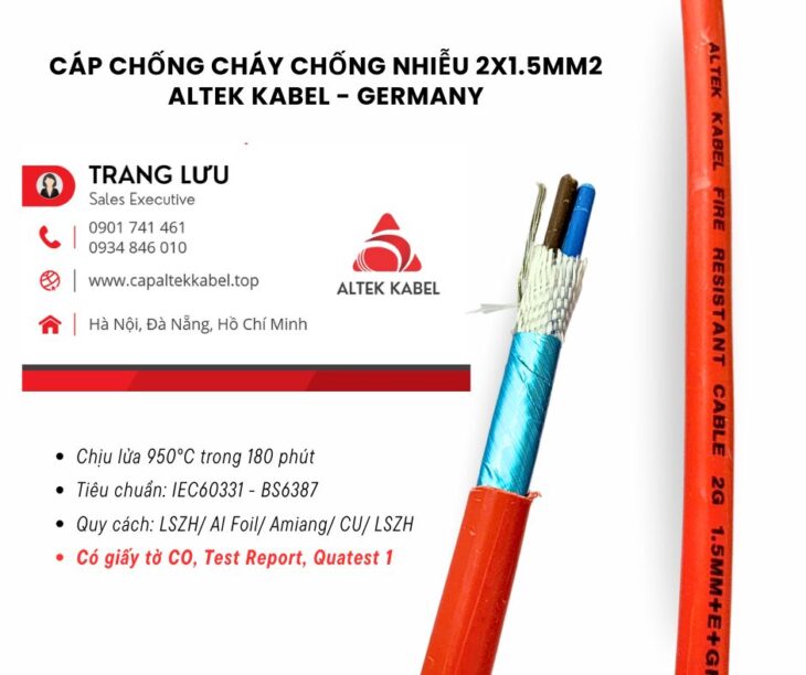 Cáp Chống Cháy Chống Nhiễu 2×1.5mm2 IEC 60331, BS6387