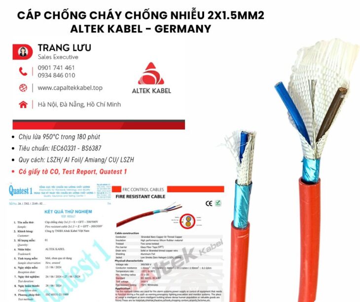 Cáp Chống Cháy Chống Nhiễu 2×1.5mm2 IEC 60331, BS6387