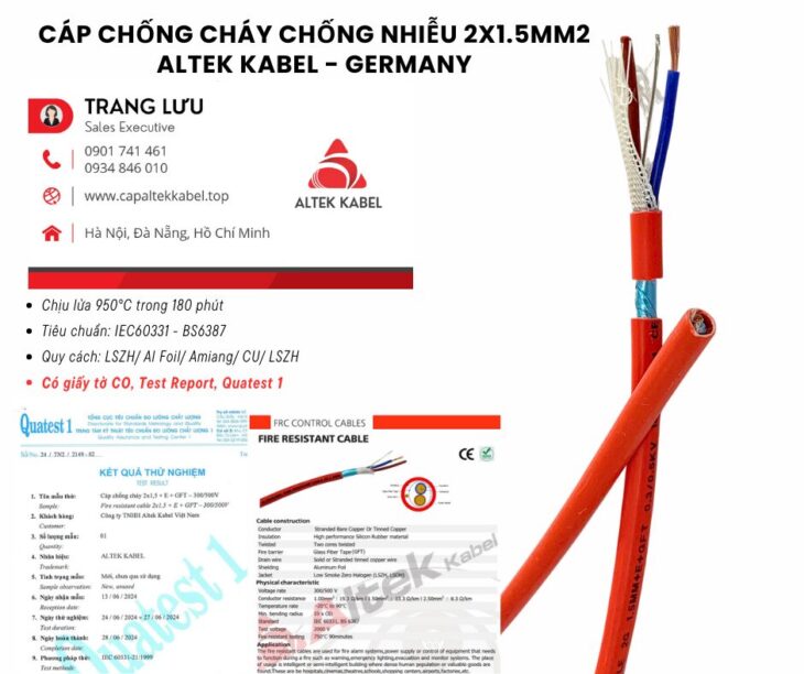Cáp Chống Cháy Chống Nhiễu 2×1.5mm2 IEC 60331, BS6387