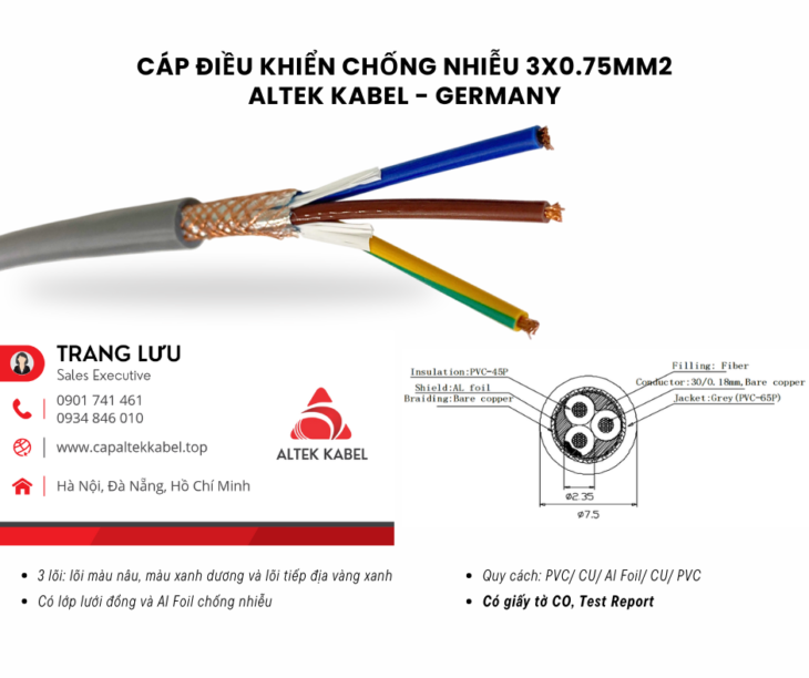 Cáp điều khiển chống nhiễu 3×0.75 Đà Nẵng, Quảng Ngãi, Bình Định, Nha Trang