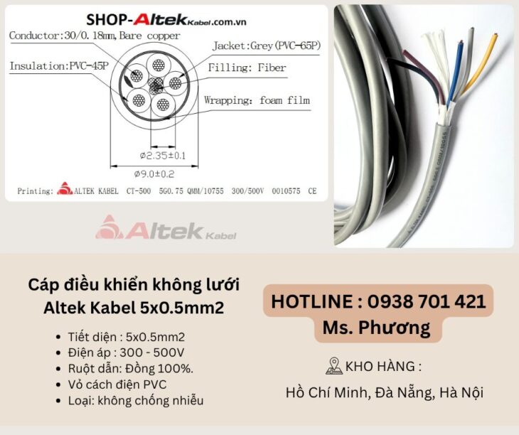 Cáp điều khiển không lưới chống nhiễu Altek Kabel 5×0.5mm2 Đà Nẵng, Hồ Chí Minh, Hà Nội