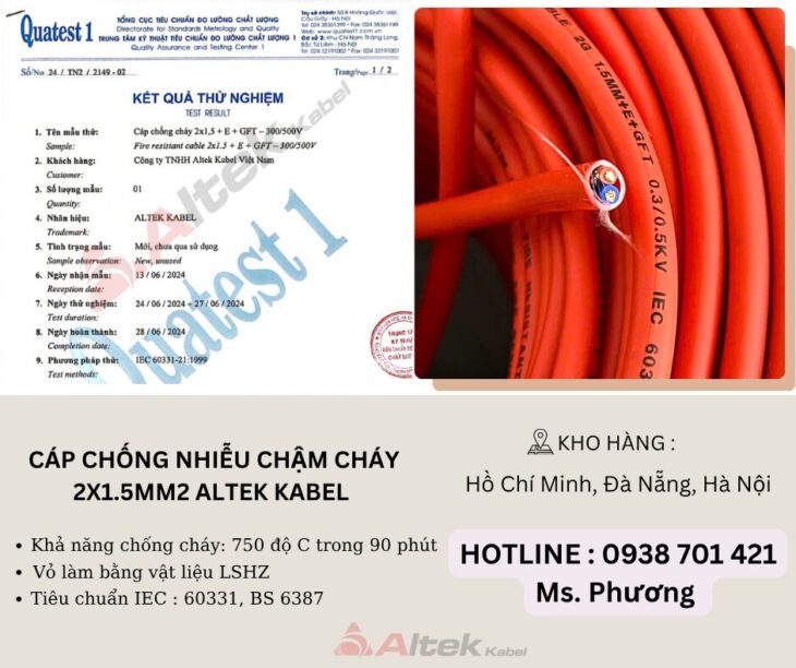 Cáp chống nhiễu chậm cháy 2×1.5mm2 Altek Kabel Đà Nẵng, Hà Nội, Hồ Chí Minh