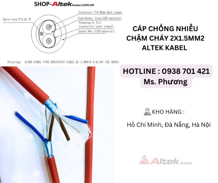 Cáp chống nhiễu chậm cháy 2×1.5mm2 Altek Kabel Đà Nẵng, Hà Nội, Hồ Chí Minh