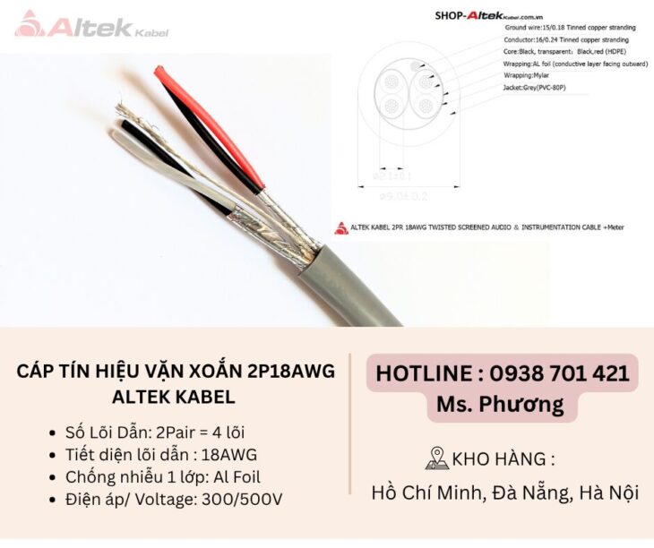 Cáp tín hiệu vặn xoắn 2P18AWG Altek Kabel Đà Nẵng, Hà Nội, Hồ Chí Minh