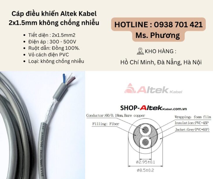 Cáp điều khiển Altek Kabel 2×1.5mm không chống nhiễu Đà Nẵng, Hồ Chí Minh, Hà Nội