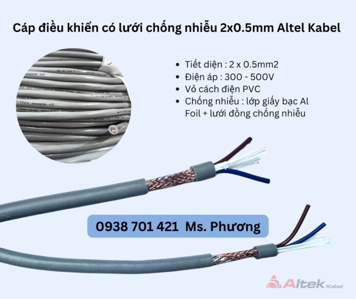 Cáp điều khiển có lưới chống nhiễu 2×0.5mm Altel Kabel Đà Nẵng, Hà Nội, Hồ Chí Minh