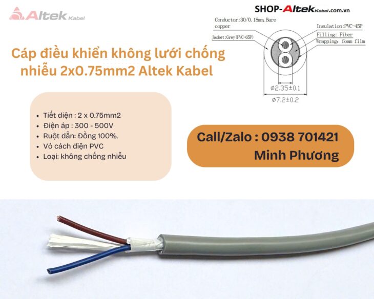 Cáp điều khiển không lưới chống nhiễu 2×0.75mm2 Altek Kabel Đà Nẵng, Bình Định, Nghệ An