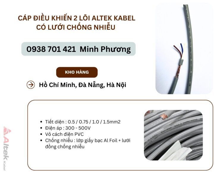 Cáp điều khiển 2 lõi Altek Kabel có lưới chống nhiễu Đà Nẵng, Quảng Bình, Khánh Hòa