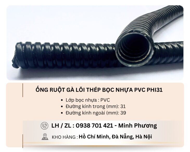 Ống ruột gà lõi thép bọc nhựa PVC phi31 Đà Nẵng, Bình Định, Quảng Trị