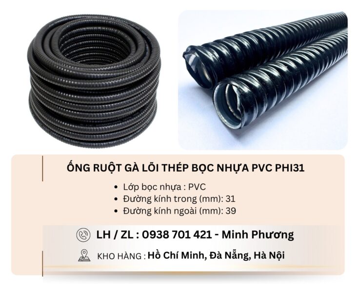 Ống ruột gà lõi thép bọc nhựa PVC phi31 Đà Nẵng, Bình Định, Quảng Trị