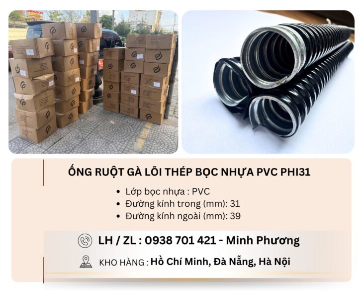 Ống ruột gà lõi thép bọc nhựa PVC phi31 Đà Nẵng, Bình Định, Quảng Trị