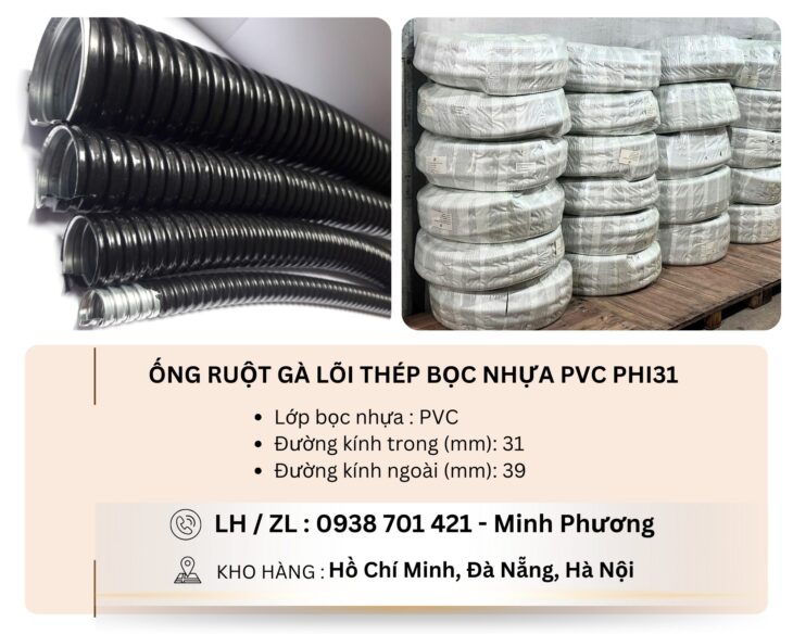 Ống ruột gà lõi thép bọc nhựa PVC phi31 Đà Nẵng, Bình Định, Quảng Trị