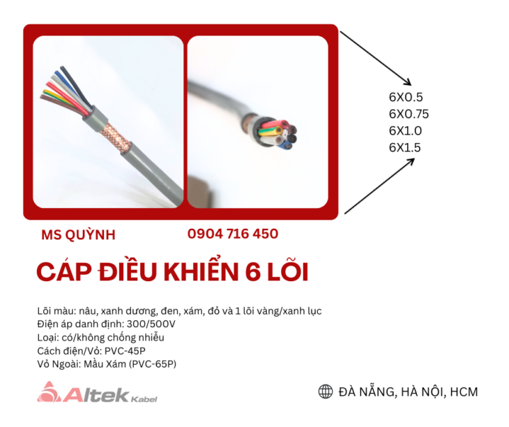 Dây cáp 6×0.5, 6×0.75, 6×1.0, 6×1.5 chống nhiễu Altek Kabel