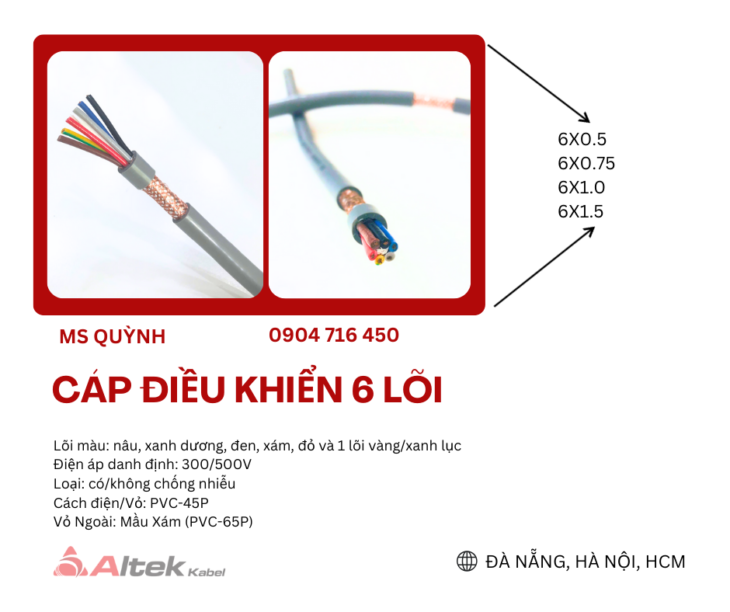 Dây cáp 6×0.5, 6×0.75, 6×1.0, 6×1.5 chống nhiễu Altek Kabel
