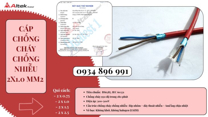 Cáp Chống Cháy Chống Nhiễu 2×1.0 Mm2 Khánh Hòa, Bình Dương, Đồng Nai.