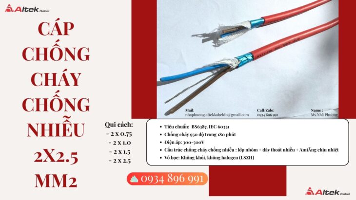 Cáp tín hiệu chống cháy chống nhiễu 2×2.5mm² luôn sẵn kho Đà Nẵng, Huế, Quảng Trị, Quảng Bình.