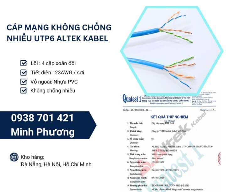 Cáp mạng không chống nhiễu utp6 Altek Kabel sẵn kho Đà Nẵng, Hà Nội, Hồ Chí Minh
