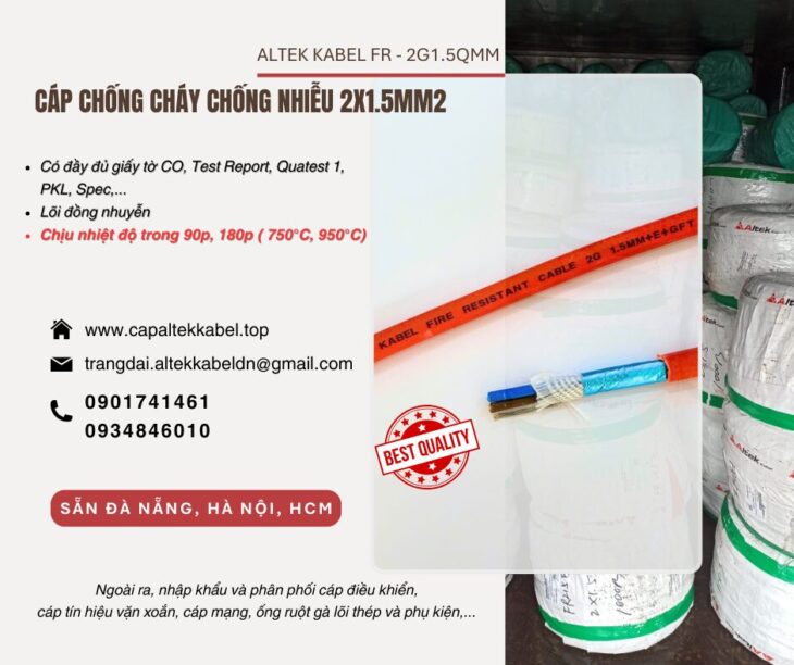 Cáp tín hiệu 2×1.5mm chống cháy chống nhiễu sẵn Đà Nẵng, Quảng Nam, Quảng Ngãi