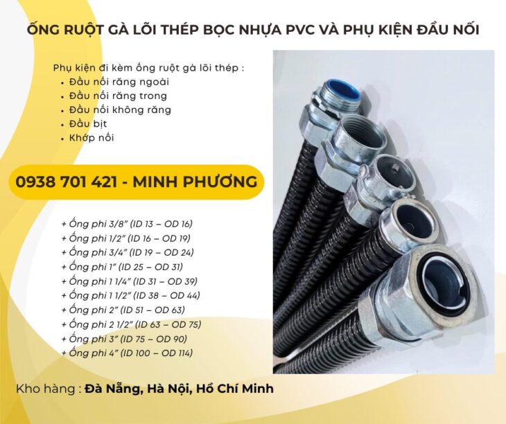Ống ruột gà lõi thép bọc nhựa PVC và phụ kiện đầu nối Lâm Đồng, Đắk Lắk, Bình Định